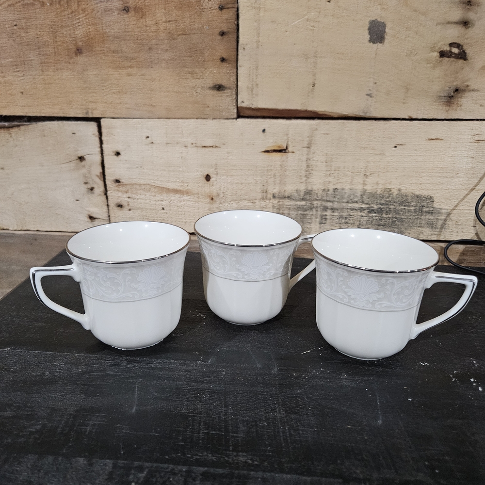 Noritake Imperial Lace White Porcelain Mugs with Silver Trim - Set of 3